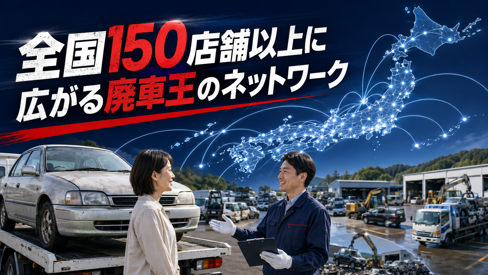 全国150店舗以上に広がる廃車王のネットワーク