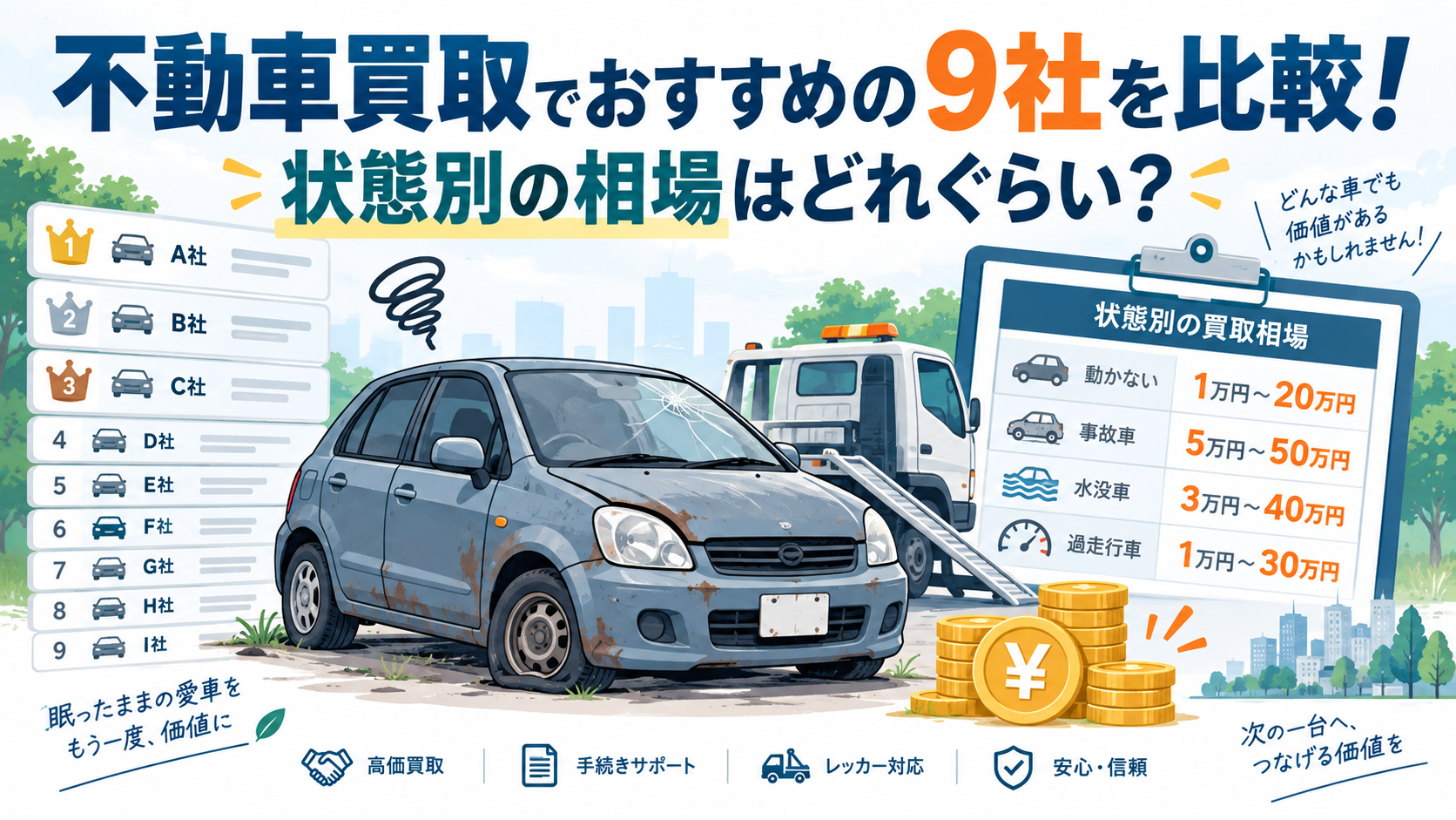 不動車買取でおすすめの9社を比較！状態別の相場はどれぐらい？