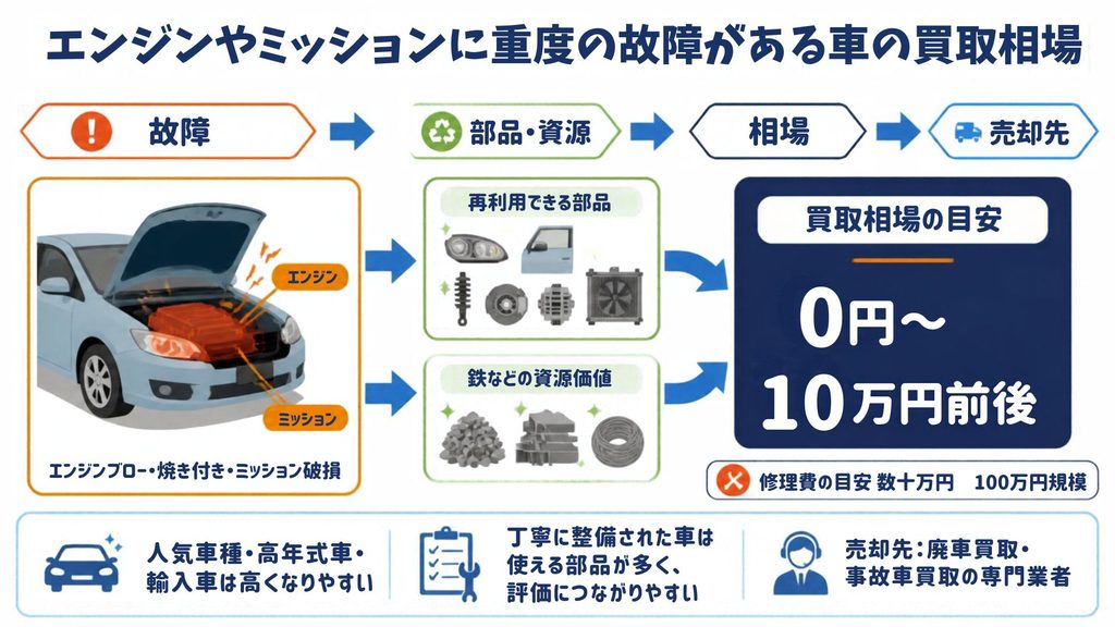 エンジンやミッションに重度の故障がある車の買取相場